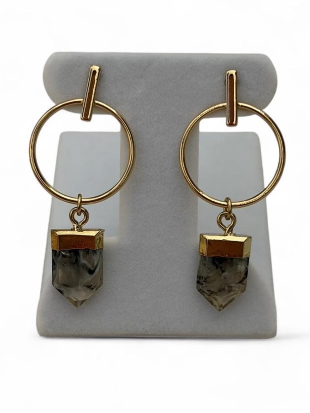 Gold Hoop Drop Earrings with Gray Stone Pendant